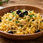 Bacalhau à Brás tradicional com bacalhau desfiado, batata palha, ovos cremosos, salsa e azeitonas pretas