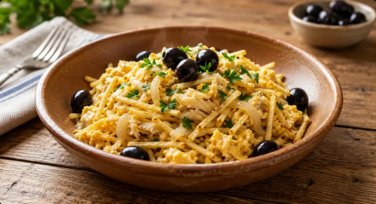 Bacalhau à Brás tradicional com bacalhau desfiado, batata palha, ovos cremosos, salsa e azeitonas pretas