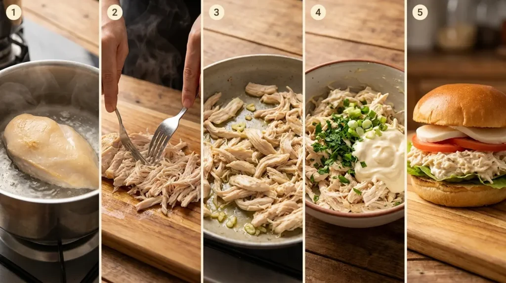 preparo de frango para sanduíche Cinco etapas do preparo do sanduíche de frango cremoso: cozinhar, desfiar, refogar, misturar e montar.