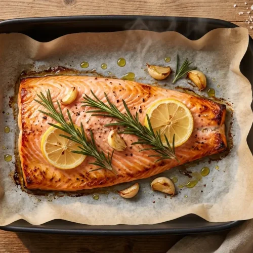 Filé de salmão ao forno dourado com limão, alho e alecrim, servido em assadeira com papel manteiga, prato saudável e suculento