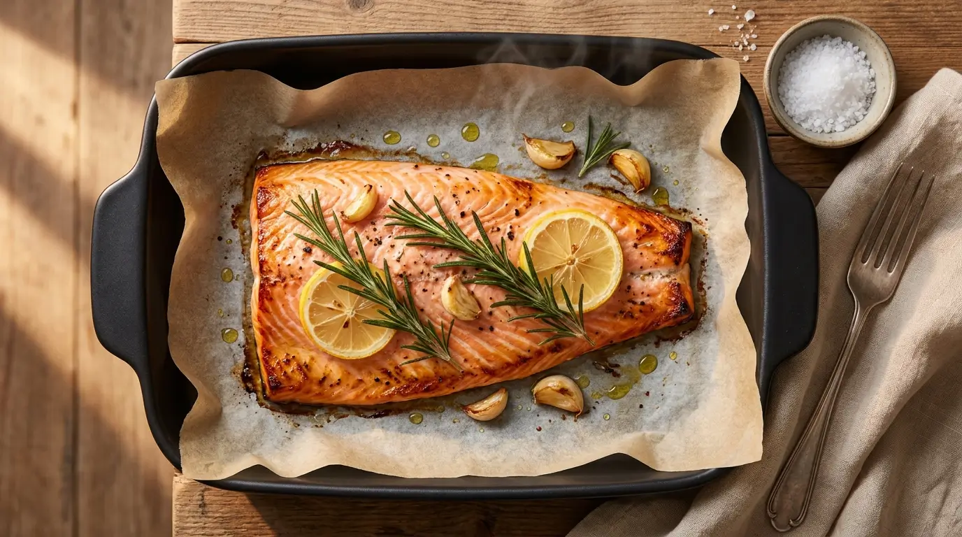 Filé de Salmão ao Forno: 5 Segredos para Ficar Suculento Filé de salmão ao forno dourado com limão, alho e alecrim, servido em assadeira com papel manteiga, prato saudável e suculento