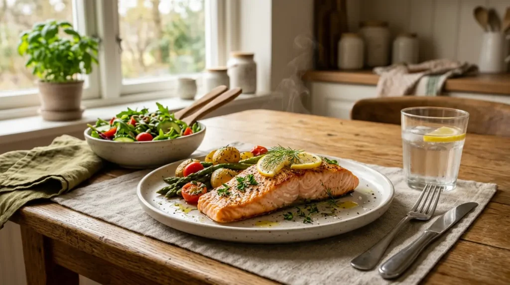 Filé de salmão ao forno servido com legumes e salada fresca, prato saudável e equilibrado para um jantar leve