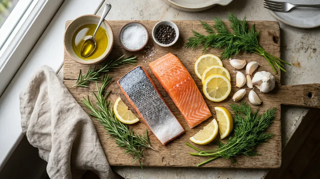 Ingredientes frescos para filé de salmão ao forno, incluindo salmão cru, limão, alho, azeite e ervas aromáticas