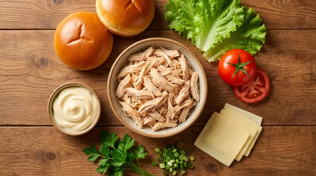 sanduíche de frango com maionese Ingredientes para sanduíche de frango cremoso com frango desfiado, maionese, pão brioche, alface, tomate e queijo.