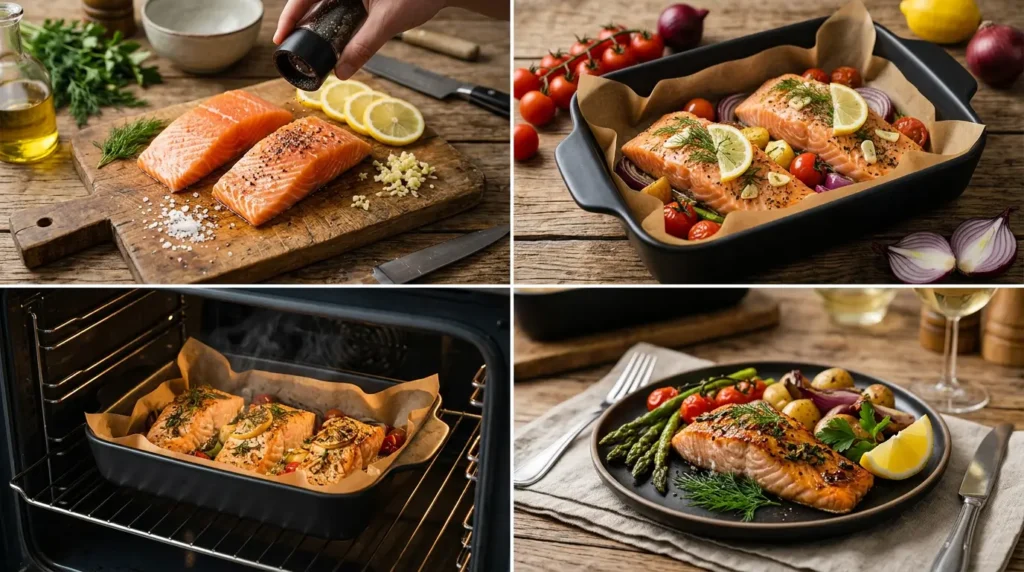 Etapas do preparo do filé de salmão ao forno, mostrando tempero, montagem, forno e prato final saudável