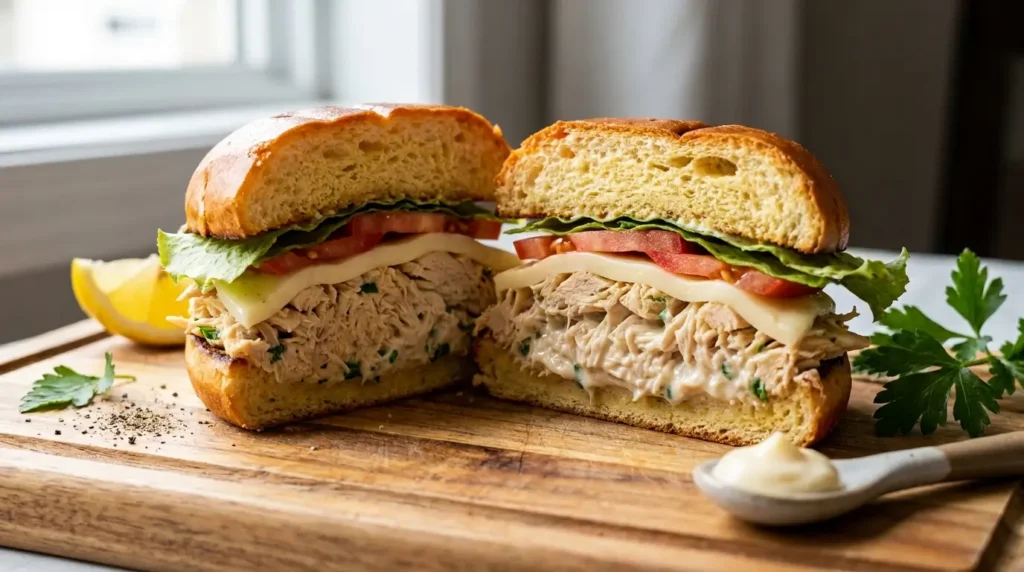 sanduíche de frango saudável Sanduíche de frango cremoso cortado ao meio com alface, tomate, mussarela e pão brioche tostado.
