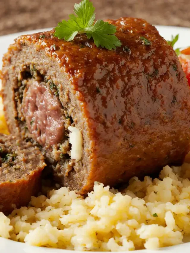 Rocambole de massa com carne moída recheado e dourado