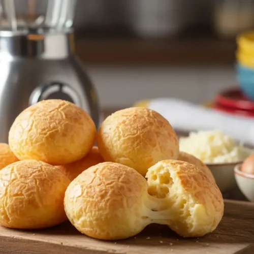 Pão de queijo 3 ingredientes rápido no liquidificador dourado e macio servido quente