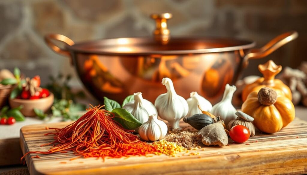 A carefully arranged composition showcasing the essential spices and seasonings for the authentic Valencian paella. In the foreground, a wooden cutting board holds a vibrant assortment of saffron threads, paprika, garlic, bay leaves, and other aromatic herbs. The middle ground features a copper paella pan, its polished surface reflecting the warm, natural lighting that bathes the scene. In the background, a subtle yet textured backdrop of earthy tones and rustic textures provides a harmonious setting, evoking the traditional Spanish kitchen. The overall mood is one of culinary artistry and heritage, perfectly capturing the spirit of the classic Valencian paella.
