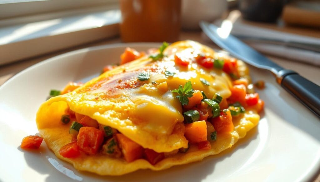 A mouthwatering Brazilian-style omelette, generously filled with a vibrant medley of sautéed vegetables and gooey melted cheese. The egg is cooked to a soft, golden perfection, with a delicate and fluffy texture that gently envelops the savory fillings. The aroma of fresh herbs and spices wafts through the air, tantalizing the senses. Sunlight streams through the kitchen window, casting a warm glow over the dish and accentuating its homemade appeal. This rustic and comforting omelette embodies the heart and soul of traditional Brazilian cuisine, prepared with care and served with pride. A mouthwatering Brazilian-style omelette, generously filled with a vibrant medley of sautéed vegetables and gooey melted cheese. The egg is cooked to a soft, golden perfection, with a delicate and fluffy texture that gently envelops the savory fillings. The aroma of fresh herbs and spices wafts through the air, tantalizing the senses. Sunlight streams through the kitchen window, casting a warm glow over the dish and accentuating its homemade appeal. This rustic and comforting omelette embodies the heart and soul of traditional Brazilian cuisine, prepared with care and served with pride.
