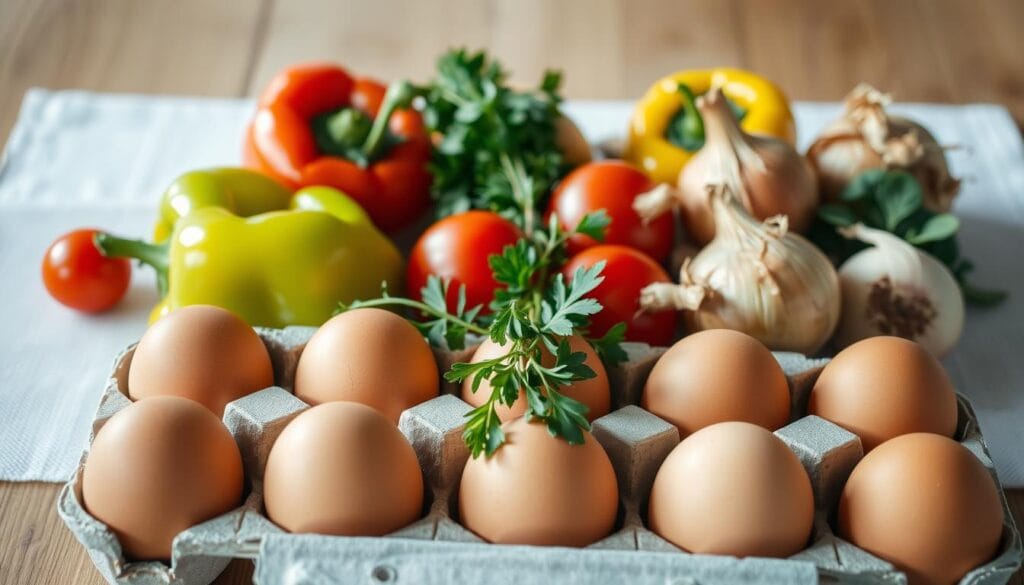 A neatly arranged still life composition of fresh ingredients for a homemade omelet. In the foreground, several brown eggs in an open carton, yolks gleaming. Behind them, a variety of colorful vegetables - vibrant green bell peppers, red tomatoes, and onions with their papery skins. In the middle, a bundle of fresh herbs, their green leaves gently cascading. In the background, a wooden table with a simple white tablecloth, bathed in soft, natural lighting that accentuates the textures and colors of the ingredients. The overall scene evokes a sense of culinary simplicity and homemade goodness. A neatly arranged still life composition of fresh ingredients for a homemade omelet. In the foreground, several brown eggs in an open carton, yolks gleaming. Behind them, a variety of colorful vegetables - vibrant green bell peppers, red tomatoes, and onions with their papery skins. In the middle, a bundle of fresh herbs, their green leaves gently cascading. In the background, a wooden table with a simple white tablecloth, bathed in soft, natural lighting that accentuates the textures and colors of the ingredients. The overall scene evokes a sense of culinary simplicity and homemade goodness.