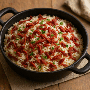 Arroz branco com carne seca desfiada e cheiro-verde, servido em panela de ferro preta sobre uma mesa de madeira.