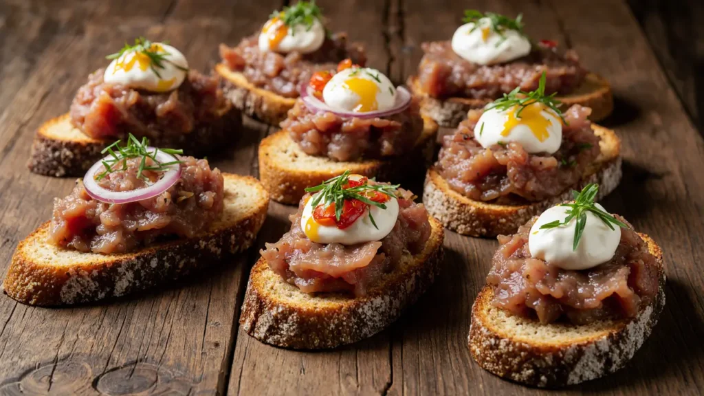 Carne de onça de Curitiba em versão moderna servido على bruschettas com carne crua temperada, maionese de ervas, cebola roxa e cebolinha sobre mesa rústica