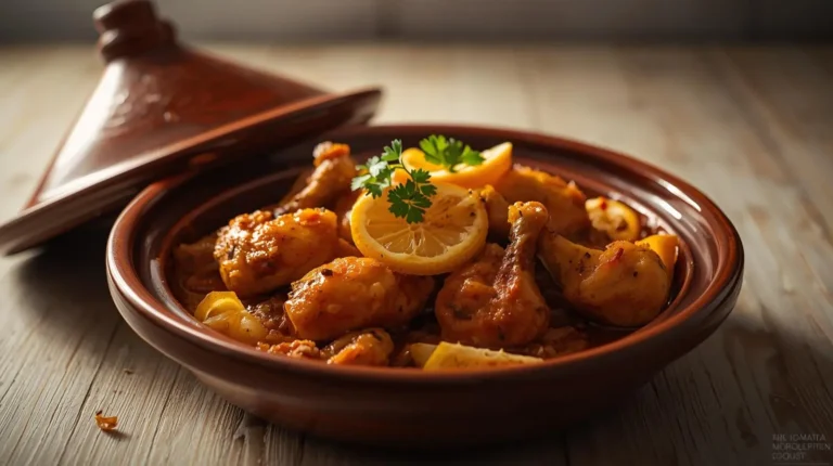 Tagine de Frango Marroquino com Limão servido no tagine de barro, com frango dourado, limão confit, azeitonas e molho aromático tradicional.