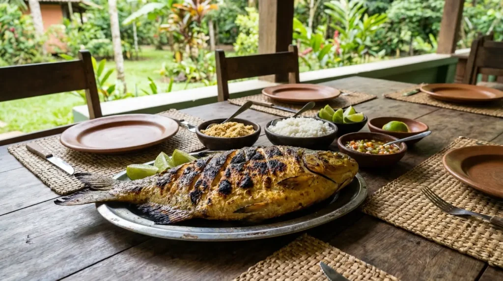 tambaqui assado na brasa servido com farofa arroz vinagrete e limão prato típico brasileiro