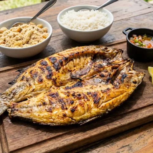 Banda de tambaqui assado na brasa servido com farofa arroz vinagrete e limão prato típico brasileiro