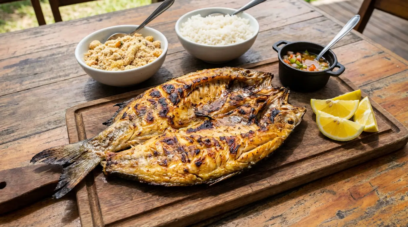 Tambaqui Assado no Forno: Como Fazer em 5 Passos Banda de tambaqui assado na brasa servido com farofa arroz vinagrete e limão prato típico brasileiro