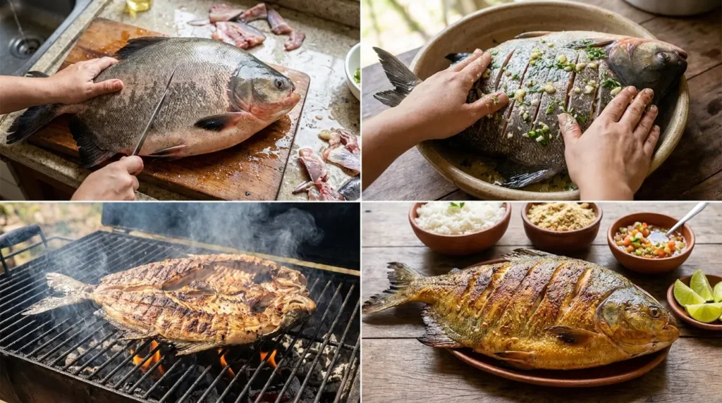 Passo a passo do tambaqui assado mostrando peixe amazônico largo sendo limpo temperado grelhado e servido com acompanhamentos brasileiros