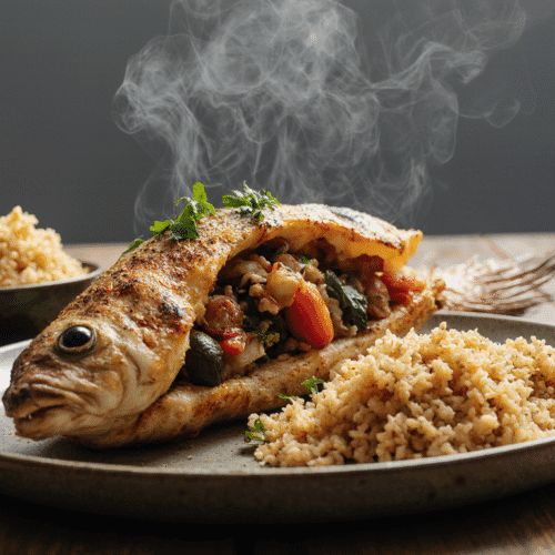 Tambaki torrado e recheado, servido com arroz quente em um prato branco.