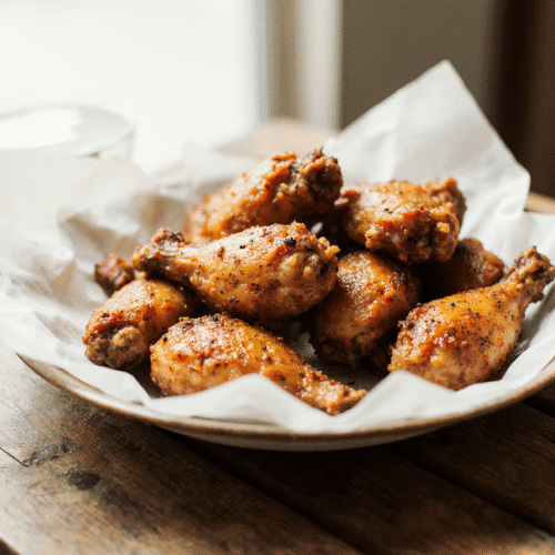 asinha de frango assada crocante servida em prato rústico com papel manteiga
