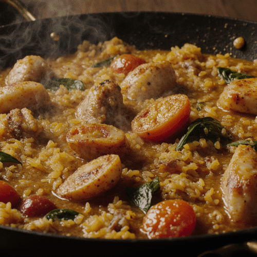 Paella cremosa em paellera de ferro, com arroz dourado, pedaços de frango, rodelas de linguiça, tomates cereja e folhas frescas, soltando vapor sob luz quente.