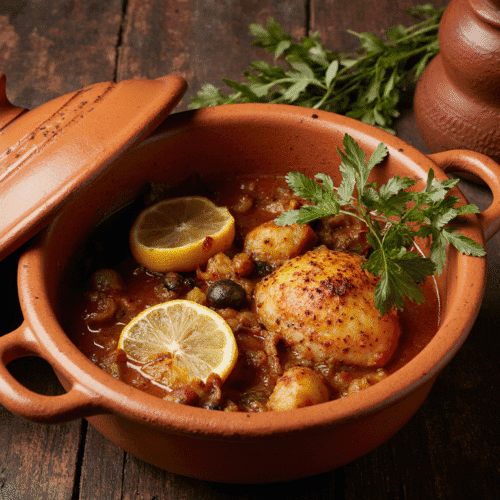 tagine marroquino com frango e limão servido no tagine de barro, com frango dourado, limão confit, azeitonas e molho aromático.