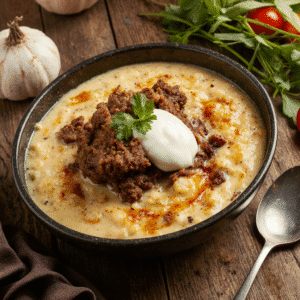 Escondidinho de carne seca tradicional servido em uma tigela rústica, com purê cremoso de mandioca, carne seca refogada por cima, creme branco e folha de salsa para decorar, em fundo de madeira e ingredientes frescos ao redor.