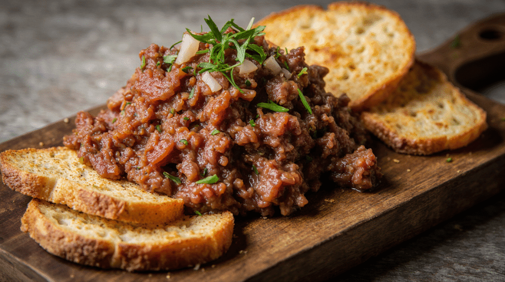 Carne de onça tradicional servida sobre tábua rústica com torradas crocantes, decorada com cebola e cheiro-verde. Prato típico de Curitiba.