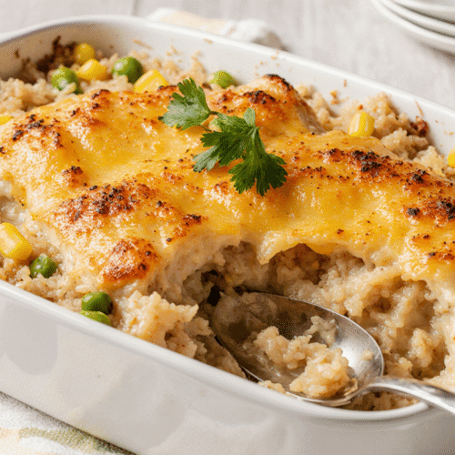 Arroz de forno de frango cremoso com queijo gratinado por cima, milho, ervilha e arroz soltinho em um refratário branco. Prato brasileiro delicioso e caseiro.