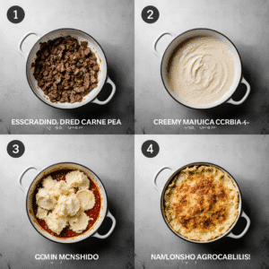 Passo a passo do Escondidinho de Carne Seca em 4 imagens: carne seca refogada na panela, purê cremoso de mandioca, montagem das camadas no refratário e escondidinho gratinado dourado pronto para servir.