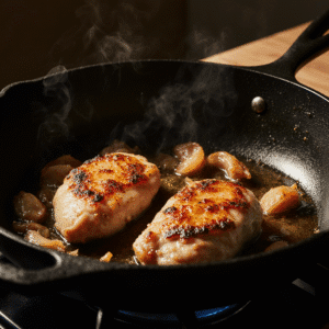 Frango dourando na panela como etapa da Moamba de Galinha.