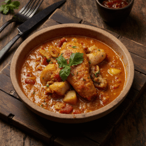 Moamba de Galinha tradicional de Angola com frango ao molho de dendê e legumes.