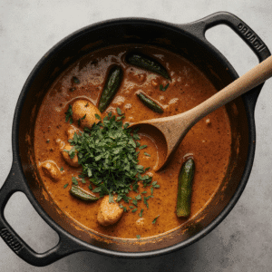 Moamba de Galinha com quiabo e ervas frescas na etapa final do cozimento.