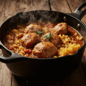 Galinhada Goiana tradicional servida em panela de ferro, com frango dourado, arroz amarelo cremoso, tomates e caldo encorpado, com vapor subindo e aparência caseira e rústica.”