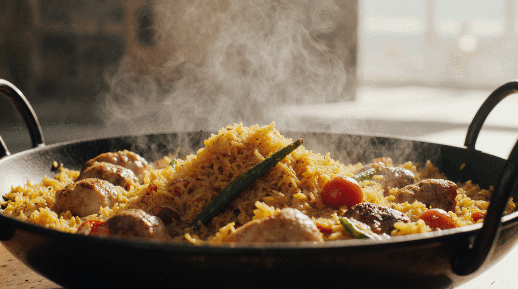 Paella quente servida em paellera de ferro, com arroz dourado ao açafrão, tomates cereja, pedaços de carne e pimentas verdes, soltando vapor fresco sob luz natural.