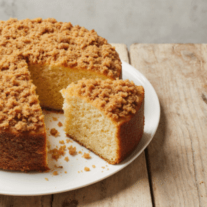"bolo de farofa brasileiro caseiro com cobertura crocante e fatia destacada em prato branco sobre mesa rústica"
