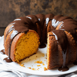 Bolo de cenoura brasileiro em forma de anel, com massa laranja fofinha e cobertura de chocolate brilhante escorrendo pelas laterais, servido em prato branco.