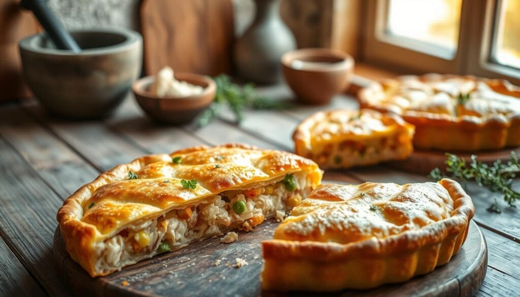 A beautifully arranged "Empadão de Frango Caseiro Versátil" sits proudly in the foreground, its golden crust perfectly baked, displaying a flaky texture that shimmers under soft, warm lighting. The pie is garnished with fresh herbs, such as parsley and thyme, enhancing its inviting appearance. In the middle ground, a rustic wooden table provides a cozy atmosphere, with a few slices of the pie cut out, revealing the rich chicken filling bursting with vibrant colors, like peas and carrots. In the background, softly blurred kitchen elements, such as a mortar and pestle, and a window with natural light filtering through, evoke a homey and welcoming vibe. The overall mood is one of warmth and comfort, ideal for any occasion, presented from a slight overhead angle to capture all details.