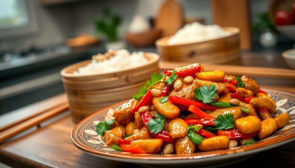 A beautifully arranged dish of Authentic Frango Xadrez, featuring tender chicken pieces stir-fried with vibrant bell peppers, crunchy peanuts, and fresh vegetables in a glossy soy sauce glaze. In the foreground, the dish is elegantly plated on a traditional Chinese ceramic plate, garnished with fresh cilantro. In the middle, a bamboo steamer filled with fluffy white rice sits nearby, topped with a sprinkle of sesame seeds. The background reveals a softly lit kitchen with hints of Chinese culinary elements, such as chopsticks and a wooden cutting board. The warm, inviting lighting evokes a cozy atmosphere, while the composition invites viewers to appreciate the colorful textures and flavors of this traditional dish, capturing the essence of authentic Chinese cuisine without any distractions.