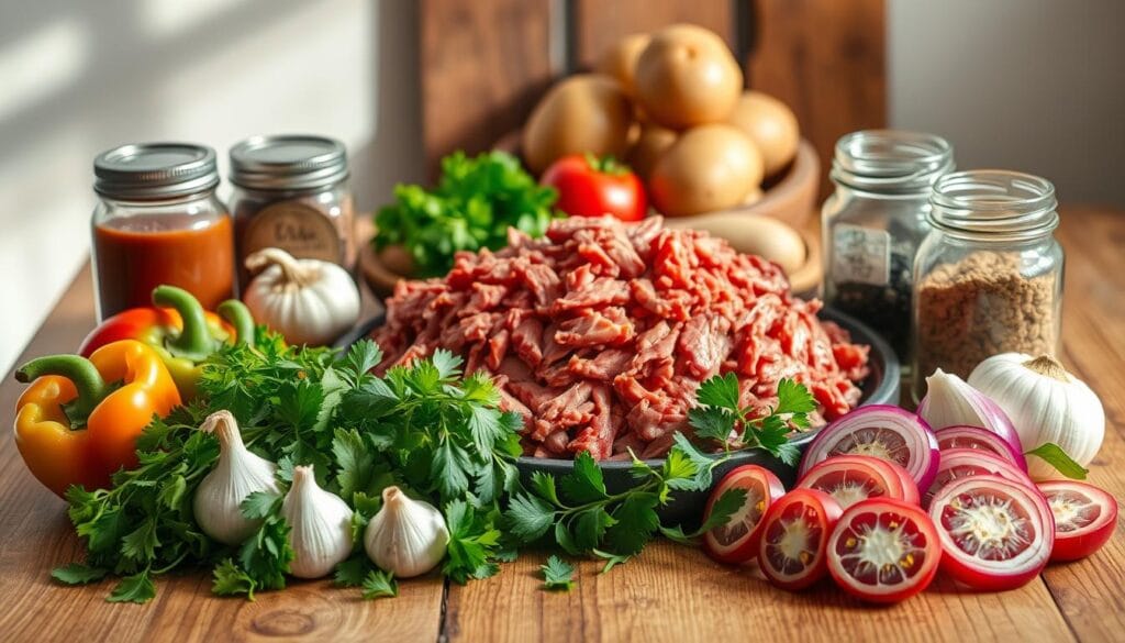 A beautifully arranged display of essential ingredients for "Carne Louca Desfiada" on a rustic wooden kitchen table. In the foreground, vibrant green bell peppers and red onions are sliced and arranged alongside whole garlic bulbs and sprigs of fresh parsley. In the middle, a generous portion of tender, shredded beef glistens, surrounded by jars containing spices like paprika, cumin, and bay leaves. Potatoes and ripe tomatoes are placed artfully in the background, suggesting a homemade touch. Soft, natural lighting cascades from the left, creating gentle shadows that enhance the textures of the ingredients. The atmosphere is warm and inviting, evoking a sense of home-cooked comfort with a focus on delicious flavors. A beautifully arranged display of essential ingredients for "Carne Louca Desfiada" on a rustic wooden kitchen table. In the foreground, vibrant green bell peppers and red onions are sliced and arranged alongside whole garlic bulbs and sprigs of fresh parsley. In the middle, a generous portion of tender, shredded beef glistens, surrounded by jars containing spices like paprika, cumin, and bay leaves. Potatoes and ripe tomatoes are placed artfully in the background, suggesting a homemade touch. Soft, natural lighting cascades from the left, creating gentle shadows that enhance the textures of the ingredients. The atmosphere is warm and inviting, evoking a sense of home-cooked comfort with a focus on delicious flavors.
