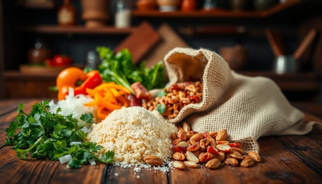 A beautifully arranged display of essential ingredients for "farofa temperada" on a rustic wooden table. In the foreground, showcase vibrant ingredients like finely chopped onions, bell peppers, and fresh parsley, with golden cassava flour spilling gently from a burlap sack. In the middle, include crispy bacon bits and crunchy toasted nuts, adding texture and color. In the background, incorporate a blurred kitchen setting with warm, inviting lighting, creating a cozy atmosphere. Use a shallow depth of field to draw attention to the ingredients while allowing the kitchen to softly fade away. The overall mood should be warm and inviting, emphasizing the homemade nature of this delicious Brazilian dish.