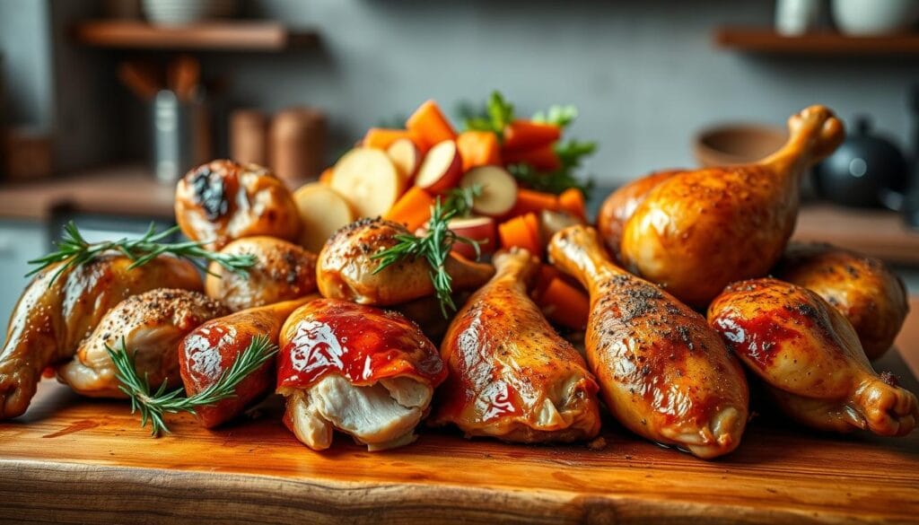 A beautifully arranged display of various chicken cuts ideal for roasting, including thighs, drumsticks, and breasts, freshly prepared on a rustic wooden cutting board. The foreground features glistening, seasoned chicken pieces garnished with fresh herbs like rosemary and thyme, emphasizing their juicy texture. In the middle layer, there are colorful sides such as sliced potatoes and carrots, artistically placed to complement the chicken. The background reveals a softly blurred kitchen setting with warm, ambient lighting creating a cozy atmosphere. The scene is captured from a slightly elevated angle, allowing for a clear view of the chicken cuts while evoking the warmth and inviting nature of home-cooked meals.