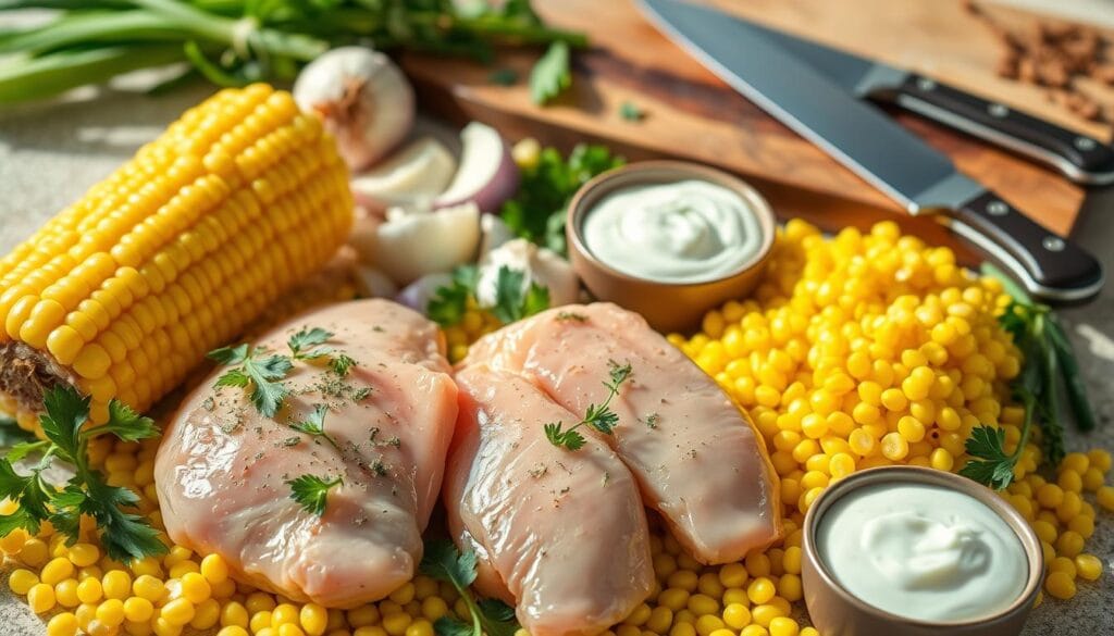 A beautifully arranged flat lay of the ingredients for "Frango Cremoso com Milho," showcasing vibrant, fresh elements. In the foreground, place succulent chicken breasts garnished with herbs, surrounded by bright yellow corn kernels and a bowl of creamy sauce made from sour cream and cheese. In the middle, include chopped onions, garlic cloves, and fresh parsley for added color and texture. In the background, softly blurred, display a rustic wooden cutting board and a knife. Natural light illuminates the scene from the side, casting gentle shadows and highlighting the freshness of the ingredients. Overall, create a warm, inviting atmosphere that evokes the delicious flavors of this dish, perfect for a cooking article.