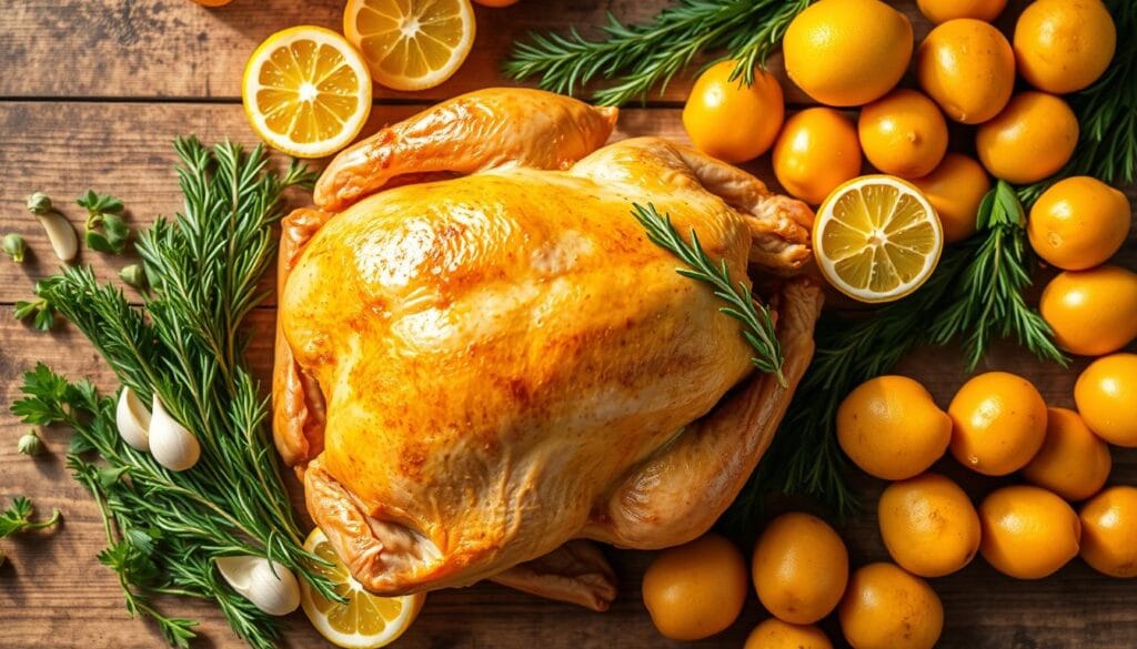 A beautifully arranged overhead shot of fresh ingredients for a succulent roasted chicken dish. In the foreground, a whole chicken with golden-brown skin is surrounded by vibrant herbs like rosemary and thyme. In the middle, sliced lemons and garlic cloves add color and texture, while golden baby potatoes are scattered around, reflecting a fresh and inviting atmosphere. In the background, a rustic wooden table adds warmth, and a soft, natural sunlight filters through, casting gentle shadows. The mood is warm and welcoming, ideal for a comforting family meal. The overall composition is balanced and appealing, drawing attention to the fresh ingredients without any text or distractions.