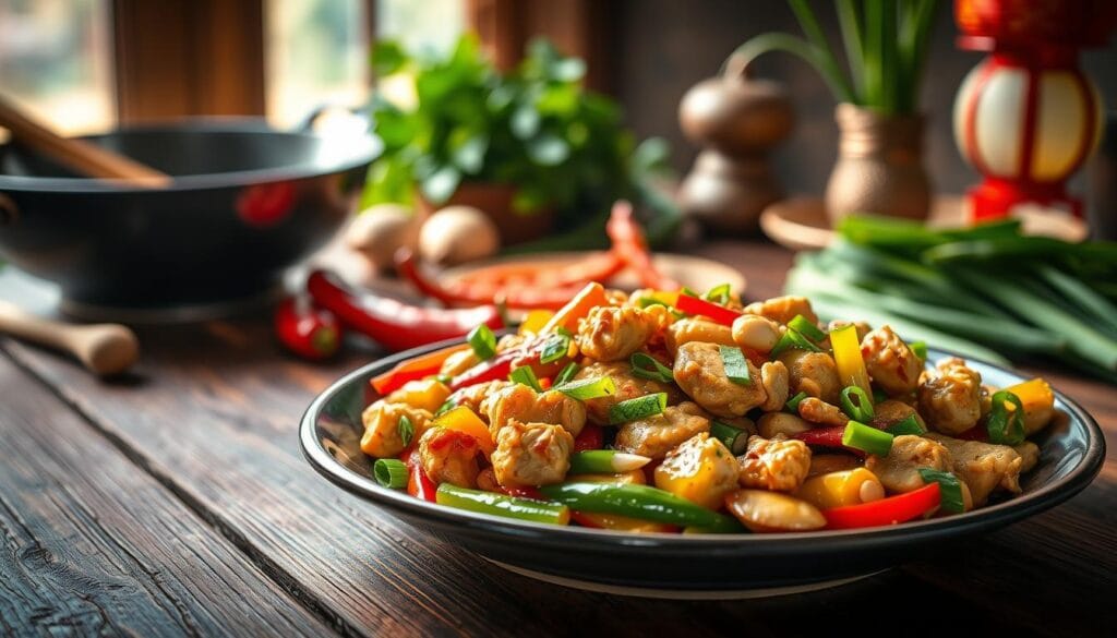 A beautifully arranged plate of Frango Xadrez, showcasing tender chicken pieces stir-fried with colorful bell peppers and crunchy peanuts. The dish is garnished with a sprinkle of green onions, emitting a rich, savory aroma. In the foreground, the vibrant colors of the ingredients pop against a rustic wooden table. The middle ground features traditional Chinese cooking tools, such as a wok and wooden spatula, hinting at the cooking process. In the background, a softly blurred Chinese lantern and herbs create a warm, inviting atmosphere. The lighting is warm and soft, simulating natural sunlight pouring in from a nearby window, enhancing the freshness of the ingredients. The overall mood is cozy and inviting, perfect for a culinary exploration.