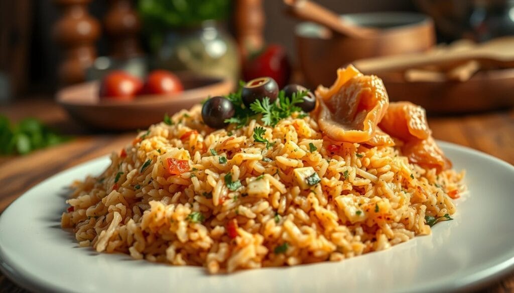 A beautifully arranged plate of traditional "arroz carreteiro" featuring generous portions of shredded charque. In the foreground, the charque is tender and slightly golden, contrasting with the rich, fluffy rice infused with vibrant herbs and hints of spices. The middle layer holds colorful garnishes of finely chopped parsley and sliced olives, adding freshness and depth. In the background, a rustic wooden table complements the dish, with blurred kitchen utensils and ingredients hinting at a homey, comforting atmosphere. Soft, warm lighting bathes the scene, creating a cozy and inviting mood, while a shallow depth of field emphasizes the dish's details, drawing the viewer's eye to the delicious interplay of textures and colors.
