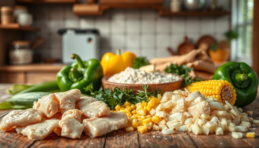 A beautifully arranged selection of ingredients for making chicken empadão, capturing the essence of a Brazilian culinary classic. In the foreground, display fresh chicken pieces, vibrant green bell peppers, yellow corn, and diced onions, artistically scattered across a rustic wooden table. In the middle, include a bowl of dough made with flour, butter, and eggs, surrounded by fresh herbs like parsley and thyme. The background features a softly blurred kitchen setting with a warm, inviting atmosphere, illuminated by natural sunlight coming through a window. Use a shallow depth of field to emphasize the ingredients while adding a touch of coziness, evoking a sense of homeliness and culinary passion.