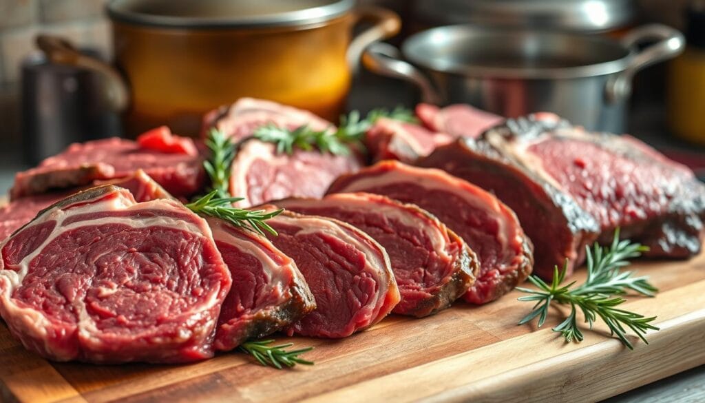 A beautifully arranged selection of various cuts of beef suitable for braising, displayed on a rustic wooden cutting board. In the foreground, focus on vibrant marbled cuts of chuck roast, brisket, and short ribs, their rich red and marbled textures highlighted by soft, natural daylight. In the middle ground, include fresh herbs like rosemary and thyme, scattered artfully around the meat to enhance the visual appeal. The background features a cozy kitchen setting with an antique pot and a simmering broth, suggesting a warm and inviting cooking atmosphere. The overall mood conveys a sense of ease and comfort, perfect for an article about a simple and flavorful pot roast recipe. The lighting is warm, soft, and evenly diffused, capturing the essence of home cooking.
