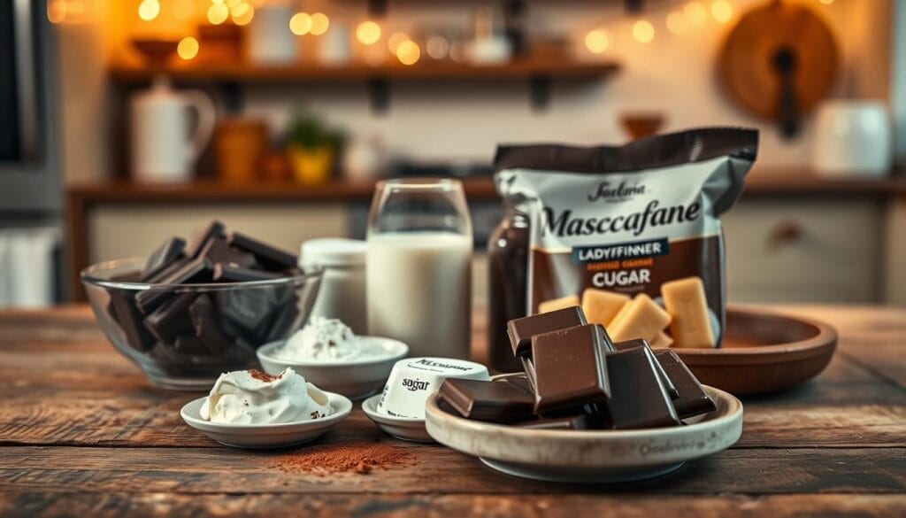 ingredientes para pavê de chocolate sobre mesa rústica, com barras de chocolate, açúcar mascavo, creme de leite, leite e cacau em pó em cozinha aconchegante ao fundo