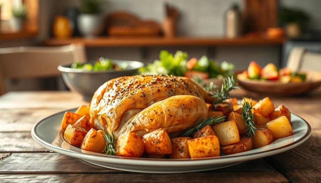 A beautifully plated dish of roasted chicken and golden, crisp potatoes, set on a rustic wooden table. In the foreground, the chicken is expertly seasoned with herbs, its skin glistening from the oven, surrounded by perfectly browned, chunky potatoes that show hints of rosemary and garlic. In the middle ground, a scattering of fresh herbs adds a pop of color, while a vibrant salad is partially visible, enhancing the meal’s inviting appeal. Soft, warm lighting casts a cozy glow over the scene, simulating late afternoon sunlight. In the background, a faintly blurred homey kitchen hints at a family atmosphere, enhancing the comfort and warmth of this perfect family meal. The overall mood is inviting and comforting, celebrating the essence of shared family time.